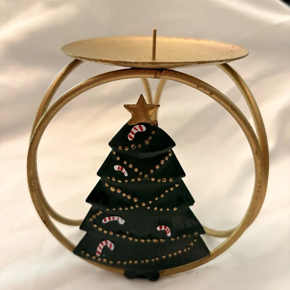 Vintage Y2K Christmas Tree Metal Candle Holder 4.5